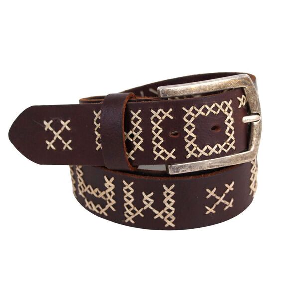 EMBROIDERED BROWN GENUINE LEATHER 1 3/8"Wd CASUAL DRESS MEN'S BELT Sz 38 (X33 - Picture 2 of 13